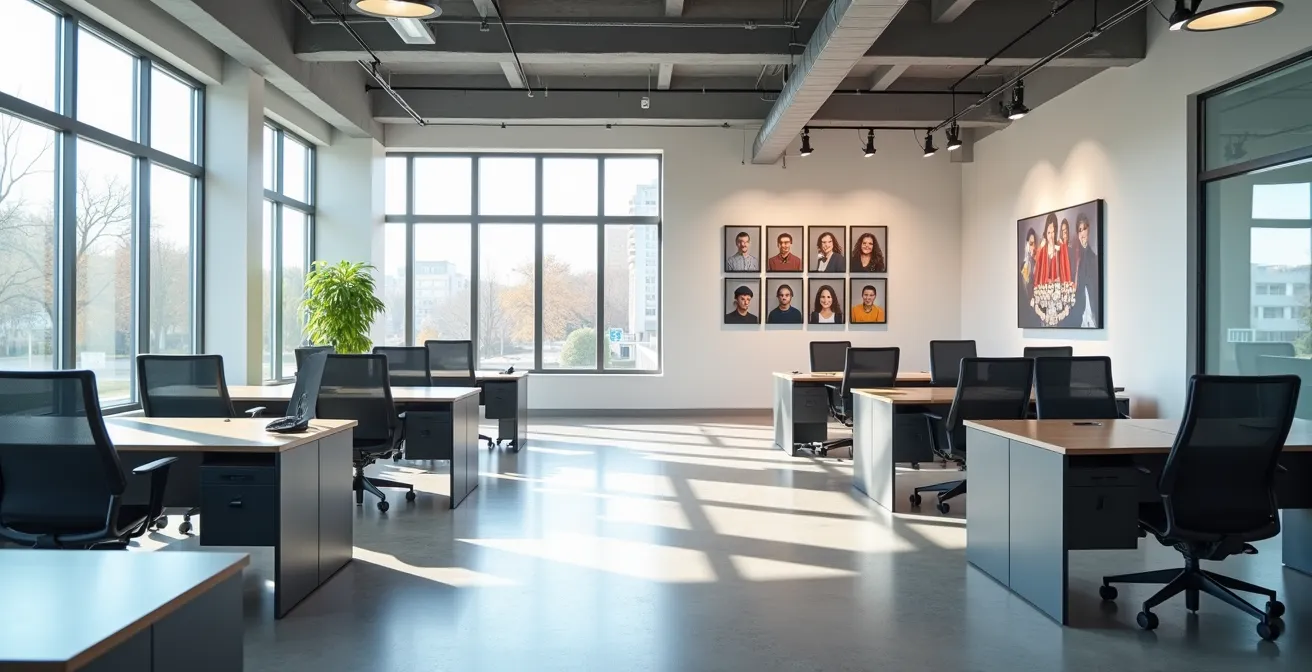 Axe Environnemental & Minimaliste : Bureau moderne avec trophées et photos d'équipe