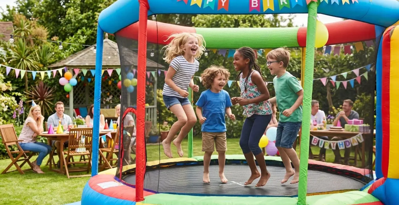 Groupe d'enfants en train de sauter dans un château gonflable coloré installé dans un jardin lors d'une fête d'anniversaire