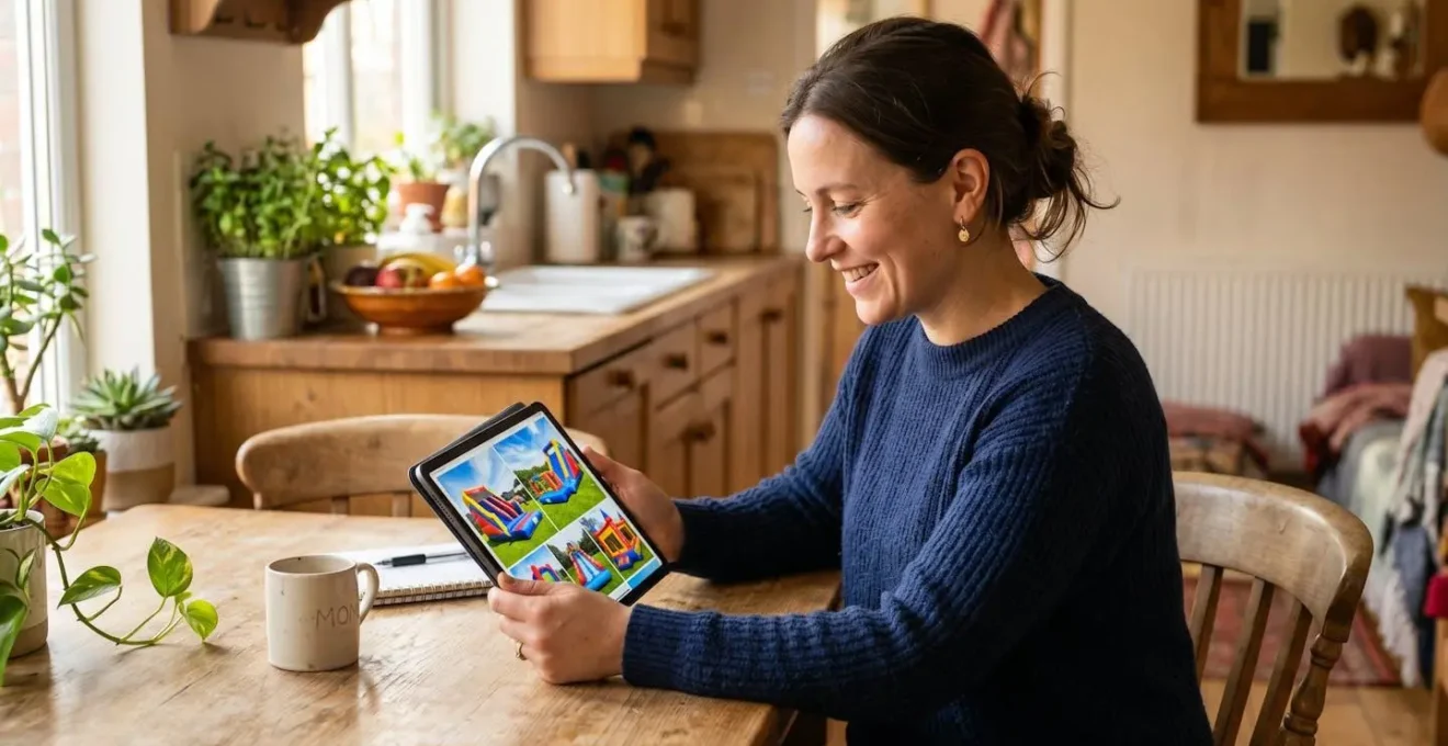 Parent consultant des offres de location de châteaux gonflables sur une tablette numérique à la maison avant de réserver