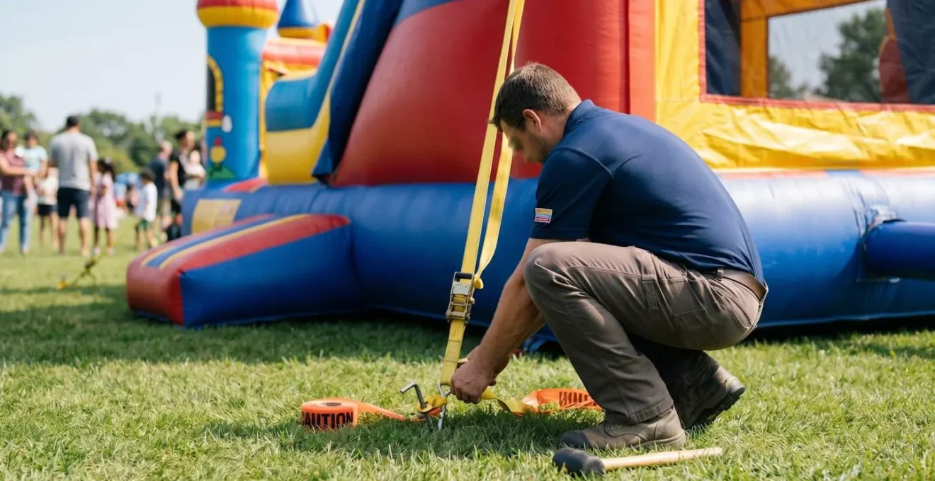 Technicien en train de vérifier les points d'ancrage et les sangles d'un château gonflable avant une fête en extérieur