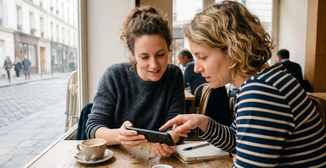 Deux amis comparent des activités de sortie sur un smartphone attablés dans un café.