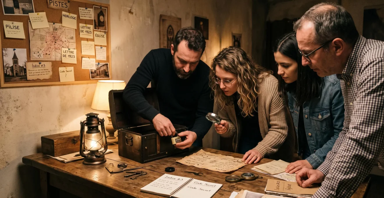Un groupe d'amis examine des indices et un coffre fermé pendant un escape game.