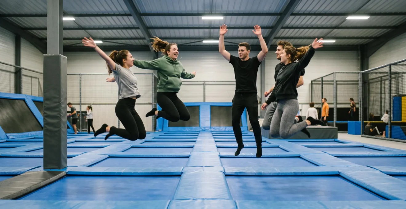 Un groupe d'amis saute ensemble sur les trampolines d'un parc de trampolines indoor.