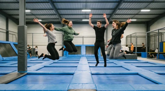 Un groupe d'amis saute ensemble sur les trampolines d'un parc de trampolines indoor.